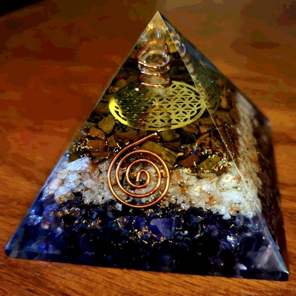 Ultimate Triple Pyramid with Tiger Eye, Sunstone and Amethyst Healing Crystals